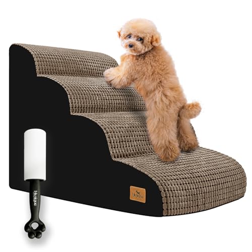 Blunique Dog Stairs for Small Pets, 20.5 in H 4 Step Curved Ramp for High Bed and Couch, Foam With Durable Non-Slip Waterproof Fabric Cover, Pet Stairs for Joints, Brown