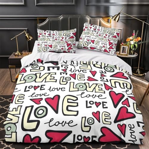 JQKZXNHPDR Love Text Linge de Lit Microfibre Résistante 3D Effet 3 Pièces Éclair Douce Hand Drawn Romantic Parure de Lit Super Douce Entretien Facile for...