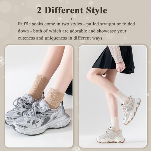 Womens Crew Socks,Ruffle Top,over Ankle,Ultra Soft,Multicolor Cute Cotton Breathable Lettuce Frilly Casual Socks 6 Pack4