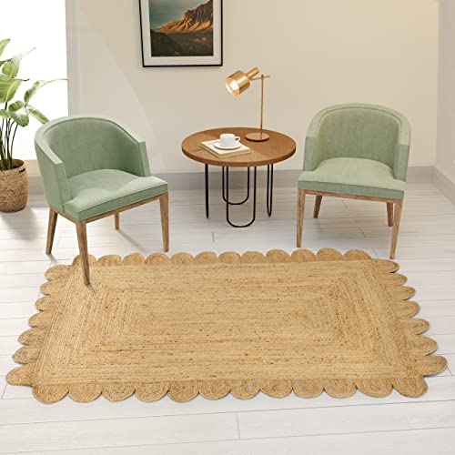 Gruhum Scalloped Jute Area Rugs 3'X5' Ft Natural Fibre Handwoven Boho Reversible Farmhouse Soft Braided Rug Indoor Outdoor Livingroom Bedroom Kitchen Hallways Enterways Rectangular Rug #TOP4