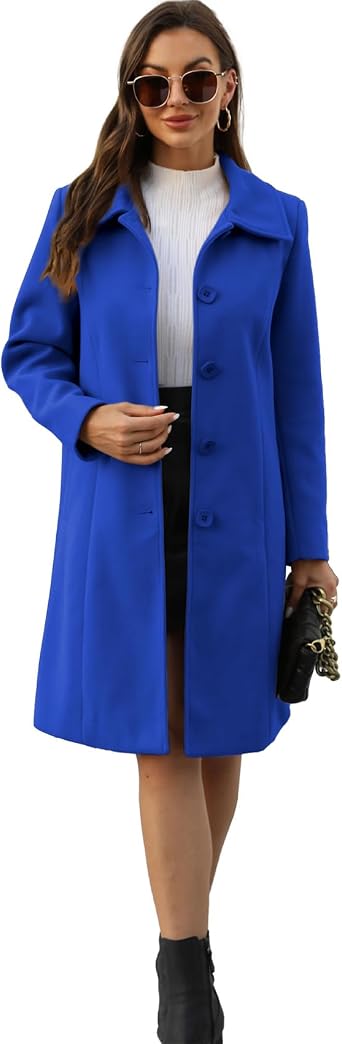 Duyang Womens Wool Blend Peacoat Turn Down Collar Single Breasted Elegant Overcoat Long Sleeve Outerwear with Pockets