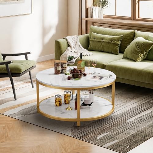 Image of 36 inch Round Gold Coffee Table, 2-Tier Modern White Marble Living Room Center Table with Storage Shelf, Faux Marble Top Cocktail Table, Luxury Circle Tea Table for Contemporary Home Furniture, White
