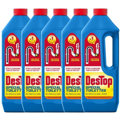 DESTOP Gel Déboucheur spécial toilettes - détruit les bouchons des WC - avec javel - Lot de 5 x 1L