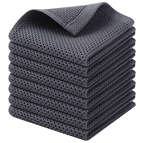 Kitinjoy 100% Cotton Kitchen Dish Cloths, 8 Pack Waffle Weave Ultra Soft Absorbent Dish Towels for Drying Dishes Quick Drying Kitchen Towels Dish Rags, 12 X 12Inch, Dark Grey