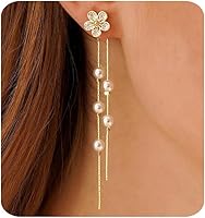 Trendy 14K Gold Plated Flower Dangle Earrings for Women - Hypoallergenic CZ Pearl Drop Chain Jewelry Gifts for Her