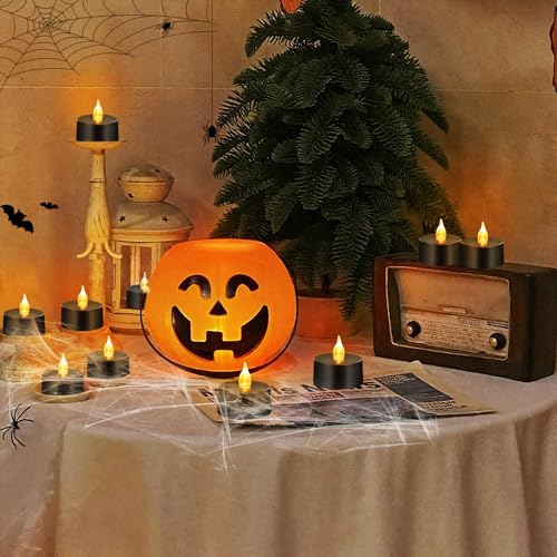 Image of Tea Lights Battery Operated Candles LED Tea Lights Flameless Candles 200+ Hours Flickering Fake Tealights for Halloween, Christmas Aniversary Home Table Decor(Black, 12 Pack)