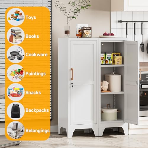 Image of 46 inchH White Metal Locker with 1 Lockable Door and 2 Adjustable Shelves For Employees,3 Tier Small Storage Cabinet with Detachable Legs and Vintage Handle for Kitchen, Office,School,Gym,Easy Assembly