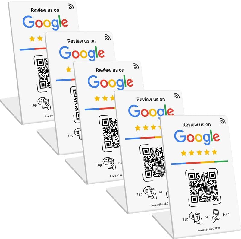Review Business Stand for Google, NFC Tap & Dynamic QR Code, Easy Setup with Review Link Management, No APP Required, Review Us On Google, Review Sign For All Businesses (White, 5 Pieces)
