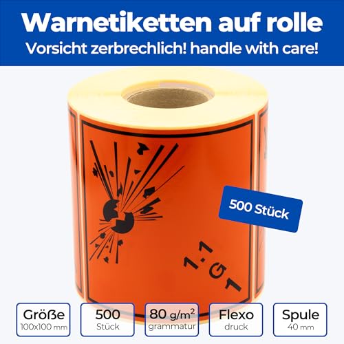 MD Labels Gefahrgutetiketten Klasse 1.1G – 500 Stück – ADR-Aufkleber – selbstklebende Transportetiketten