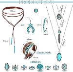 Finrezio Turquoise Jewelry Set for Women - Bohemian Western Necklace, Faux Leather Cuff Bracelet, Hoop Dangle Earrings, Joint Knuckle Rings
