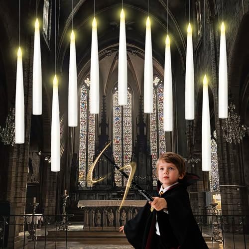 Tccydm Bougie Flottante Suspendue LED 12 Bougies & Baguette Magique Minuterie Décor pour Décoration de Fête, Chambre, Mariage, Noël et Halloween