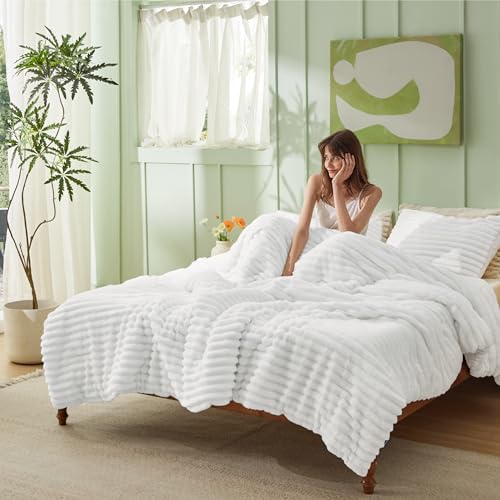 Image of Bedsure King Fluffy Comforter Set - GentleSoft 3 Pieces Luxury Fleece Bright White Bedding, Cozy Room Decor Aesthetic, 1 King Bed Comforter (104 inchx90 inch) and 2 Pillowcases (20 inchx36 inch)
