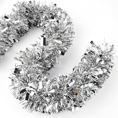 33FT Silver Christmas Tinsel Garland Decoration, Shiny Metallic Foil Garland Decor for Christmas Tree, Parade Floats, Birthday, Disco Party, New Year Parties, Indoor and Outdoor Xmas Ornaments