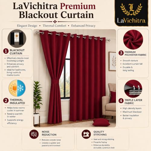 Image of LaVichitra 2 Pieces Solid Premium Blackout Curtains - Thermal Insulated, 3 Layered, 100% Opaque Window - 4 feet, Maroon