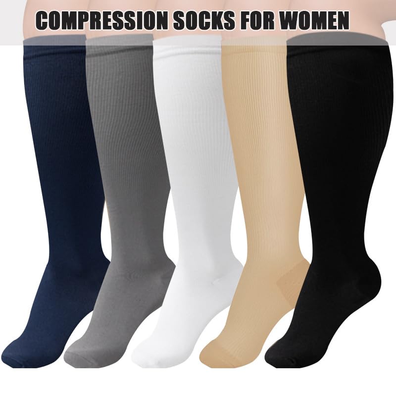 Everstride Compression Socks for Women Wide Calf, Plus Size, 2XL/3XL/4XL, 3/5 Pair2