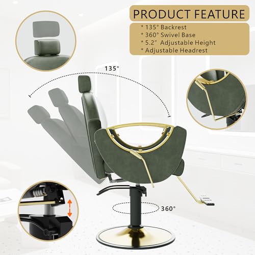 Image of Barber Chair, Reclining Hair Salon Chair, 360 Degrees Swivel Styling Chair, Height Adjustable Hydraulic Shampoo Chairs, Spa Equipment (Green)
