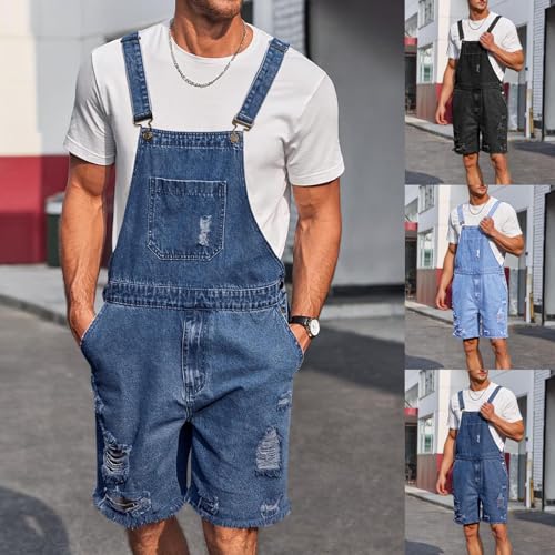 Cambkatl Men's Short Overalls Vintage Washed Denim Bib Shorts Adjustable Strap Coveralls Jeans Jumpsuit Shorts with Pockets2