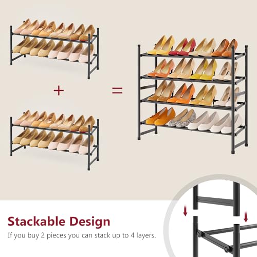Image of Tajsoon Expandable Shoe Rack for Closet 2 Tier, 28 inch-41 inch Adjustable & Stackable Shoe Shelf Storage, Metal Shoe Rack Organizer for Front Door Entrance, Closet, Garage, Entryway, Black