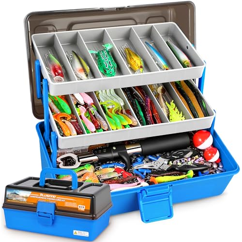 Image of PLUSINNO Large 3 Layers Fishing Tackle Box with Tackle Included, 415Pcs Fishing Lures Kit Contains Pliers, Crankbait, Weights, Accessories, Portable Fishing Gear Gifts for Men Starter Kits Bass Trout