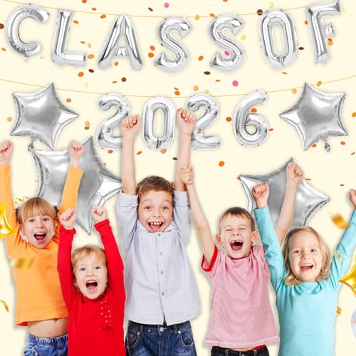 Image of Graduation Balloons, Class of 2026 Balloons, 16 Inch Silver Grad Class of 2026 Letters Foil Balloon with Star Balloons, Class of 2026 Decorations for High School College Graduation Party Decorations