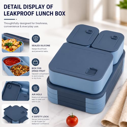 Image of daiDokoro 3 Compartment Bento Lunch Box with Removable Containers | Compact Leak-Proof, Microwave & Dishwasher Safe Tiffin for Office Use, School & Travel (Dark Blue, 1040 ML)