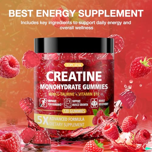 Image of Creatine Gummies for Men & Women - Chewable Creatine Gummy with Taurine & Vitamin B12, 5g Creatine Monohydrate per Serving, 120 Gummies - Raspberry Flavor, Raspberry-Shaped