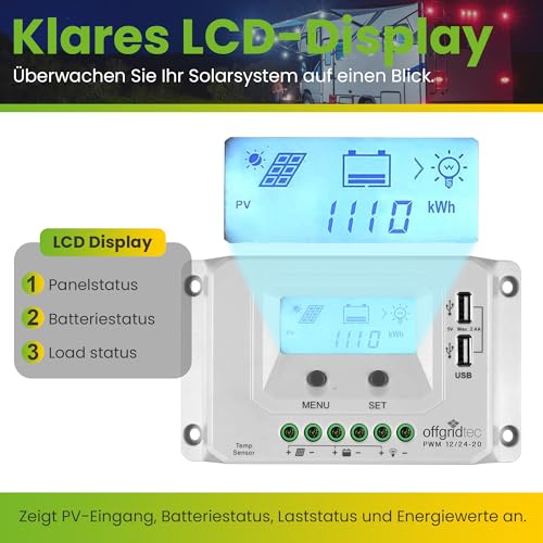 Offgridtec® PWM Pro Laderegler 12V/24V 20A USB
