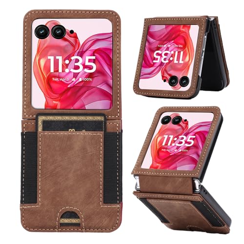 Motorola razr 2025 2024 Case Leather Wallet, Moto razr 5th gen Wallet case with Hinge Protection Card Slots Flip PU Leather Card Holder Rugged Non-Slip Drop Protector Back case for Man Woman (Brown)