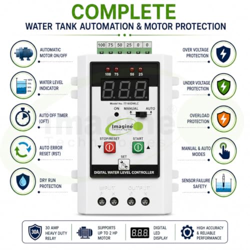Image of Imagine Technologies Fully Automatic Digital Water Level Controller with 25 /50 /75 /100% Level Indicator, Auto Off Timer, Dry Run, Overload, Over & Under Voltage Protection, 30A Relay, 2HP Support