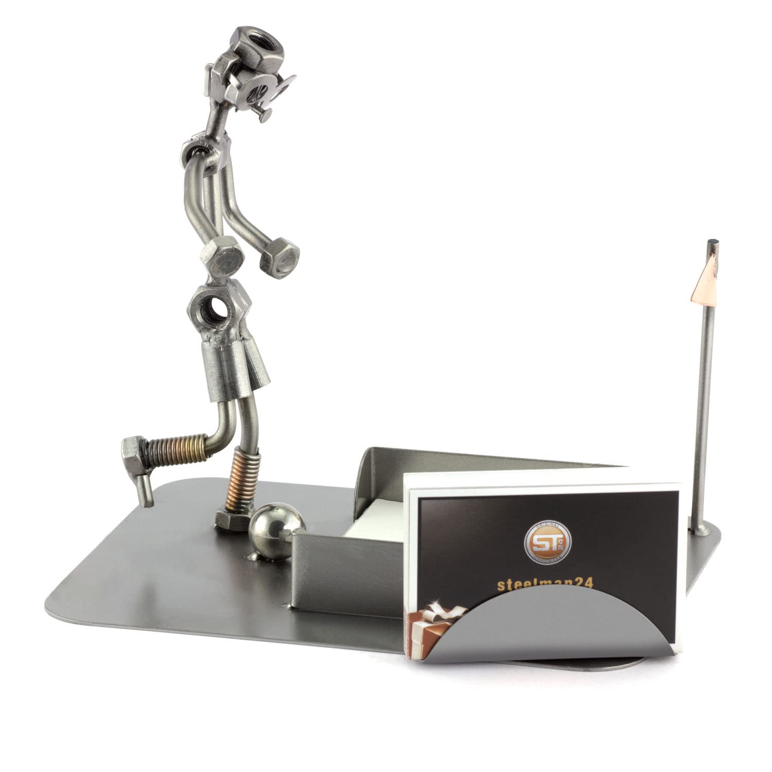 Steelman24 I Schraubenmännchen Fußballer Zettelbox Mit Visitenkartenhalter I Made in Germany I Handarbeit I Geschenkidee I Stahlfigur I Metallfigur I Metallmännchen