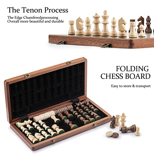 A&A 15 Inch Wooden Folding Chess & Checkers Set W/ 3 Inch King Height Staunton Chess Pieces - Mahogany Box W/Mahogany & Maple Inlay #TOP3