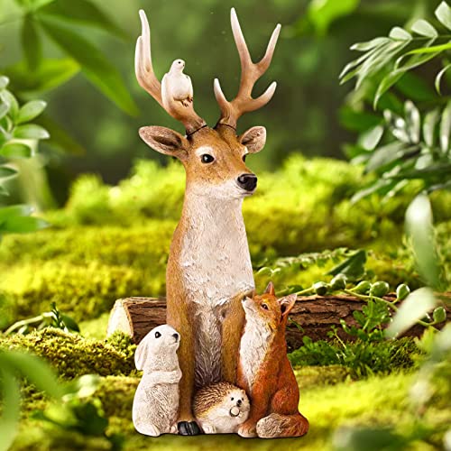 Garden Statue For Outdoor Decor, 12" Resin Deer Figurine + 4 Cute Animals Sculpture Imply Peace, Love And Friendship - Great For Patio, Balcony, Yard Lawn Decoration, Housewarming Garden Gift #TOP4