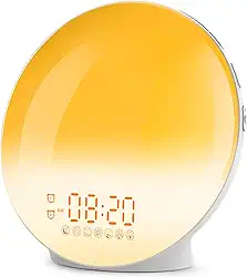 Relógio de Alarme Com Simulação do Nascer e Pôr do Sol, Alarmes Duplos, Rádio FM, 7 Sons Naturais, Soneca, Luz Noturna de 7 Cores, Alarme Digital