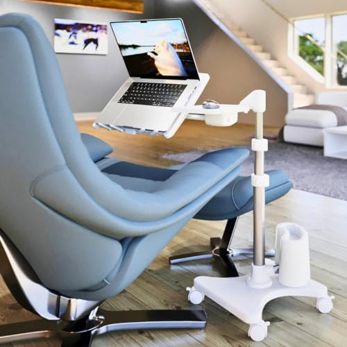 Image of LEVO G2 Deluxe Adjustable Rolling Laptop Stand | White and Silver, rolling laptop desk, adjustable height, tilting tray, floor stand