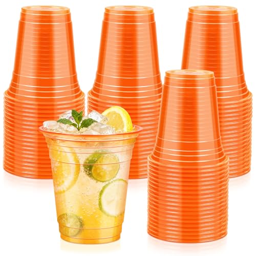 LIKAJON 50 Orange Transparent Plastic Cups 12 oz Disposable Cups Drinking Thanksgiving Cups for Birthday Party Graduation Wedding Bridal & Baby Shower Picnic BBQ