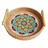 Uonlytech Bandeja Redonda de Ratán Tejida Mano con Patrón Mandala Bandeja para Servir Comida y Frutas Almacenamiento para Desayuno Ligera y Resistente para Decoración Natural y Regalos