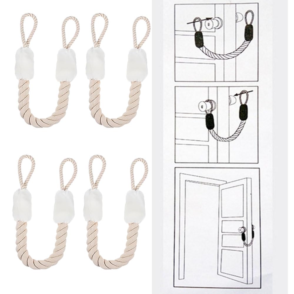 Protección contra pinzas, cuerda de puerta, tope de puerta, protección contra pinzas, para puertas, cordón blanco, tirador de puerta, 60 cm para la protección de dedos y mascotas, algodón/poliéster, 4