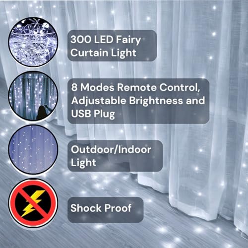 Image of One94Store Fairy Curtain String Lights for Wall Decoration, USB Powered 300 LED's, 8 Flashing Modes, Window Backdrop Lights for Bedroom, Party, Diwali, Christmas - (3x3 Meter) White