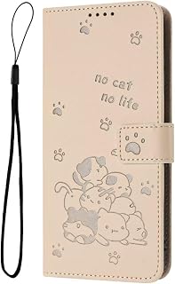 Funda tipo cartera para Samsung Galaxy A34 5G con tarjetero, función atril, tapa tipo libro con diseño de flores de gato en relieve, a prueba de golpes, color amarillo claro