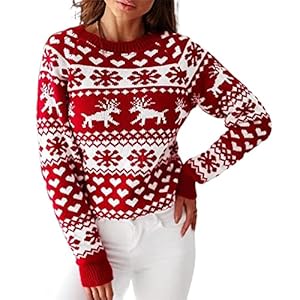 ZAFUL Damen Weihnachtsschneeflocke Rentier Strickpullover Langarm Rundhalsausschnitt Herz Animal Print Pullover Strickwaren