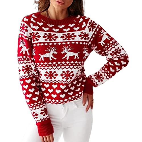 ZAFUL Damen Weihnachtsschneeflocke Rentier Strickpullover Langarm Rundhalsausschnitt Herz Animal Print Pullover Strickwaren