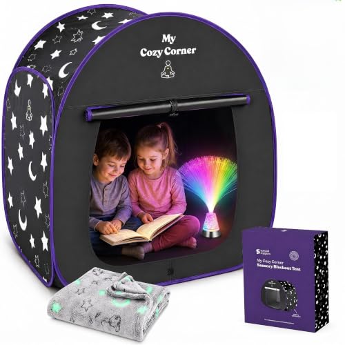 Special Supplies Blackout Sensory Tent for Kids, Pop Up Calming Play Room with Fiber Optic Lamp and Glow-in-the-Dark Fuzzy Blanket