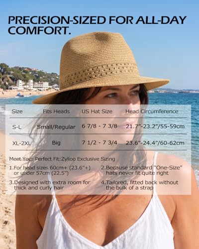 Image of Zylioo XXL XL Straw Hats for Men Big Heads,L M S UV Summer Fedora Panama,UPF Beach Sun Hats for Women Travel Hat