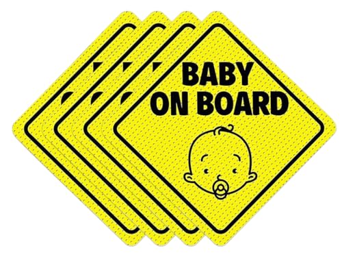 Kellegour 4 Stück Baby on Board Schild,Baby on Board Auto Warnschilder,Wasserdicht Sicherheitsschilder,Babyaufkleber Auto Sticker,Reflektierend in der Nacht(12.5cm,Gelb)