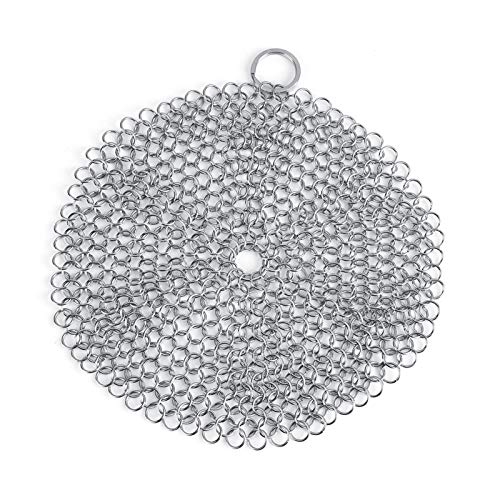 Sunicon Cast Iron Cleaner, 7.09inch Cast Iron Scrubber Stainless Steel Chainmail Scrubber Chain Scrubber Cast Iron Cleaning Tool Round Clean Scraper Chain Mail Link Scrub for Pot