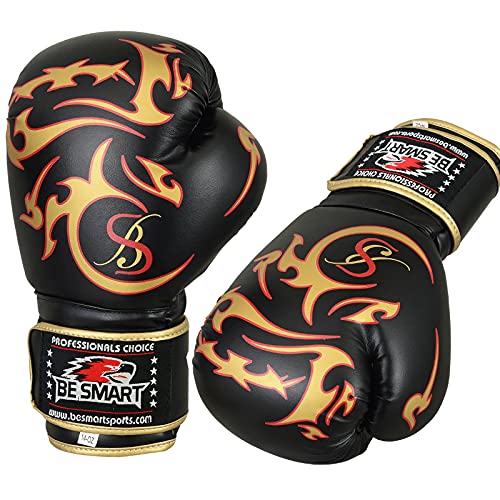 Be Smart Kids Boxing Gloves 4-12 Years 4Oz 6Oz Training Gloves For Children Sparring Youth Boxing Gloves Junior Training Mitts Punch Pu Leather Mma Muay Thai Kick Boxing (Black Gold Tatoo, 6 Oz) #TOP4