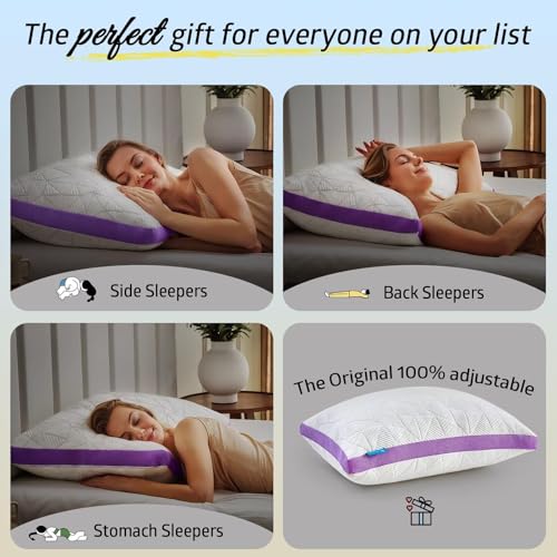 Image of BETU Cooling King Size Pillows Set of 2, Shredded Memory Foam Cool Pillows for Hot Sleepers, Adjustable Firm Soft Support Bed Pillow Perfect for Back Neck Pain and Side Sleeping with Cover, Purple