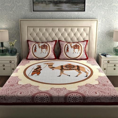 Image of La Verne 104 TC Cotton Double Bed Bedsheet Jaipuri Rajasthani Print Bedsheet with 2 Pillow Covers (Red s)