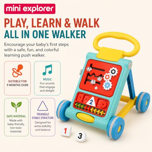 Image of MiniExplorer Baby Activity Walker for 6-15 Months, Foldable Push Walker for Babies, Toddler Learning Walker with Activity Panel, Walker for Boys & Girls, Anti-Slip Wheels & Interactive Toys - Blue