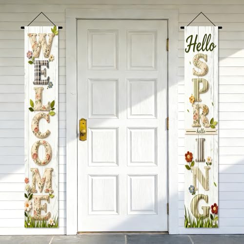 Image of Nuxovilar Welcome Spring Plaid Porch Banners 12x70 Inches Polyester